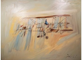 Oil On Board- Airplane In Flight- Great Texture- Signed