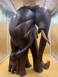 Large Teak, Mother, And Baby Elephant Sculpture/carving