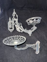 Two Antique Victorian Cast Iron Oil Lamp Holder Fixture Wall Mount With Brackets