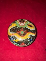 Beautiful Antique Chinese Black Cloisonne Round Covered Box W/Dragon Motif