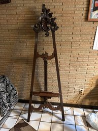 Victorian Floor Easel, Carved Wood With Mahogany Finish, Large Pierced Cartouche And Supports With Floral And