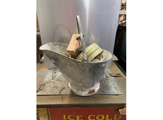 Galvanized Pail With Tin, Cigar Box, Tools, Hardware, Knife And More