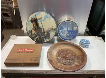 Tins, Cigar Box And Wooden Plate