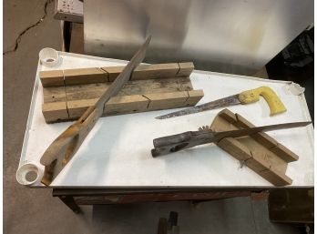 3 Smaller Hand Saws And 2  Wooden Miter Boxes