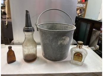 Galvanized Pail With Antique Glass Oil Bottle And More