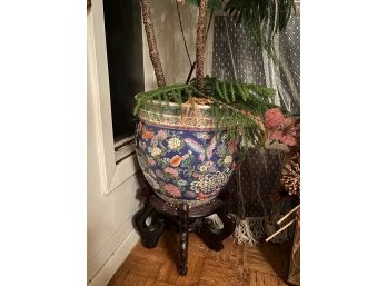 Asian Floral Porcelain Planter With Wooden Stand With Live Plant