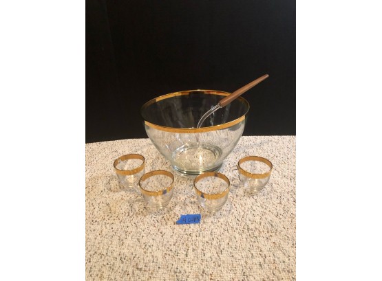 Gold Rimmed Punch Bowl With 14 Cups