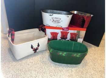 Misc Christmas Items - Candelabra, Tins, Basket