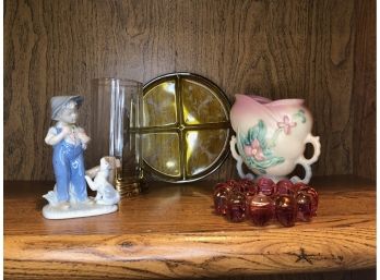 Glass/ Porcelain Items - Ash Tray, Pink Vase, Farmer Boy & Dog