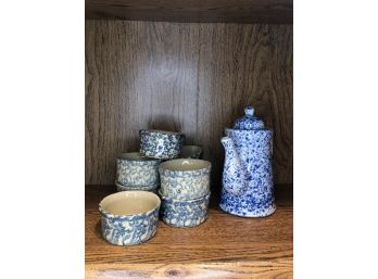 Teapot & Small Bowls - Blue Speckles