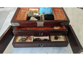 Asian Jewelry Box And Men's Cufflink Box With Costume Jewelry, Cufflinks, Tie Bars And Some Sterling.