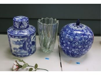 Blue And White Ginger Jars & Glass Vase