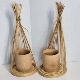 Set Of Bamboo Woven Art Vase Candle Holder