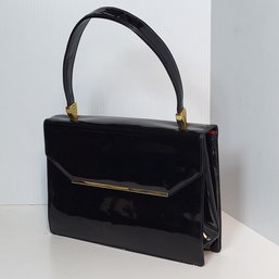 Vintage Black Nylon Purse - Shoulder Bag With Gold Accents -  Red Inside - Clean