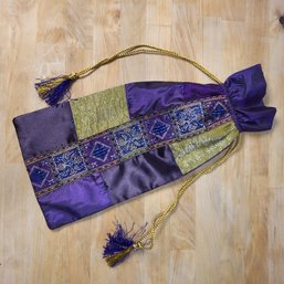 Drawstring WINE GIFT BAG Patchwork Front Purples & Golds Beaded Solid Back