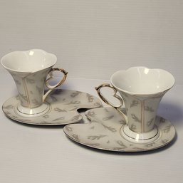 Teacup And Saucer Gift Set  - White /Feathers / Gold Trim
