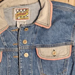 Vintage Denim Jacket With Pink Trim And Graphic On Back - Stickshift Brand - SIZE MEDIUM