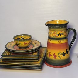 12 Piece Corsica Handpainted Serving Set With Pitcher- Green Yellow Floral
