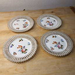 Set Of 4 Lattice Floral Plates, Dresden Style - Carl Schumann Porcelain Plate With Petite Flowers
