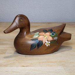 Mid Century Carved Wood Duck With Painted Flowers