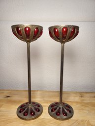 PAIR VINTAGE  CANDLEHOLDERS WITH BLOWN OUT GLASS 12'