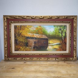 Mid Century Oil On Canvas Original Painting Covered Bridge - Signed - 32' X 20'