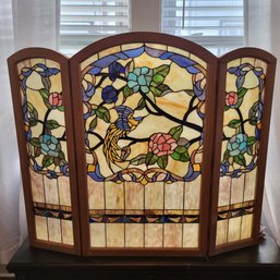Tiffany Style Stained Glass Humming Bird Flower Folding Fireplace Screen, 40' Width X 34' Height