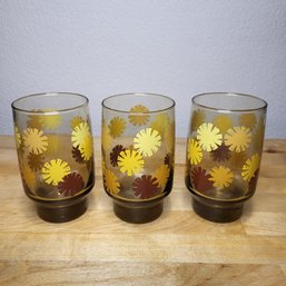 Flower Power 1970s Yellow Earthtones Vintage Mid-Century Lemonade Glass Set Of 3