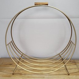 MCM Brass Tone Wire Footed Basket With Wooden Handle