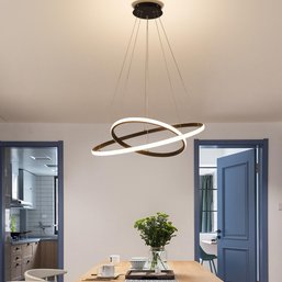 Modern LED Chandelier 2 Rings Pendant Light Fixture Black Round Chandelier For Dining Room Bedroom Island