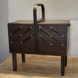 Vintage SINGER Sewing Box Wood Accordion Fold-Out Three Tiers Dark Wood W/ Legs