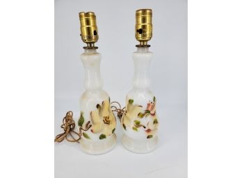 Two Hand Painted Milk Glass Lamps