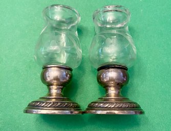 Quaker Hurricane Sterling Salt & Pepper Shaker Etched Glass Set #706 Weighted