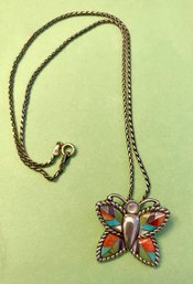 Vintage Sterling And Multi-stone Butterfly Pendant With Chain