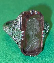 Vintage Sterling Silver And Amethyst Glass Cameo Ring