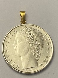 100 Lire Italian Coin Pendant With 14kt Gold Bale