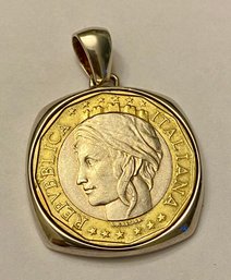 Italian Two Tone 1000 Lira Coin Pendant With Sterling Silver 925 Bezel