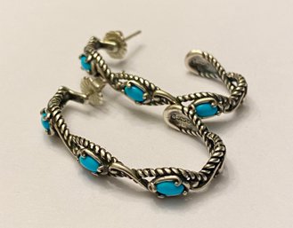 Signed Sterling And Turquoise Semi Hoop Earrings