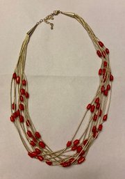 Sterling And Coral Liquid Silver Necklace.