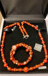 Heavy Sterling And Carnelian Necklace And Bracelet Set