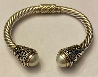 Artisan Crafted Sterling Silver, Mabe Pearl, And 18k Accents Hinged Bracelet