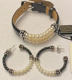 Honora Leather And Freshwater Pearl Bracelet And Earring Set