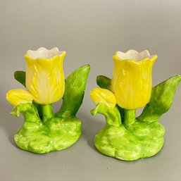 Vintage Tulip Flower Vases Candle Sticks  Yellow Green Ceramic