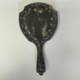 Antique Sterling Silver Vanity Mirror HandHeld Roses Rose Bud Repousse