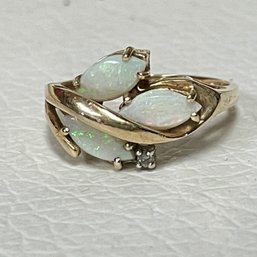 10 Karat Gold Vintage Marquis Shaped Opal And CZ 10k Gold  Ring Size 7