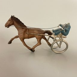 Antique/vintage Plastic Headless Jockey Horseman Brown Horse Figurine  Cart Made In U.S.A 2.5' Equestrian