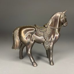 Antique Vintage Silver Dark Grey Copper Standing Horse Metal Figurine Saddle 2.5' Japan Standing Equestrian