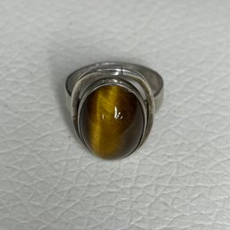 Sterling Silver 925 Ring With Oval Cabochon Tigers Eye Size 7.5