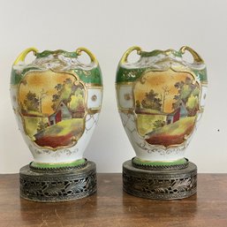 Antique Hand Painted Landscape Vases Set Of 2 Gold Accents And Raised Embellishments