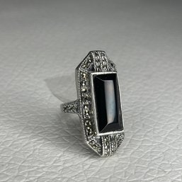 Antique Vintage Sterling Silver Onyx And Marcasite Ring Size 4.75-5